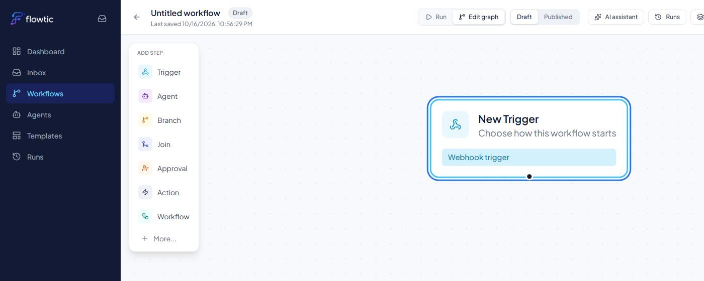 Flowtic visual canvas with the step palette and a webhook trigger