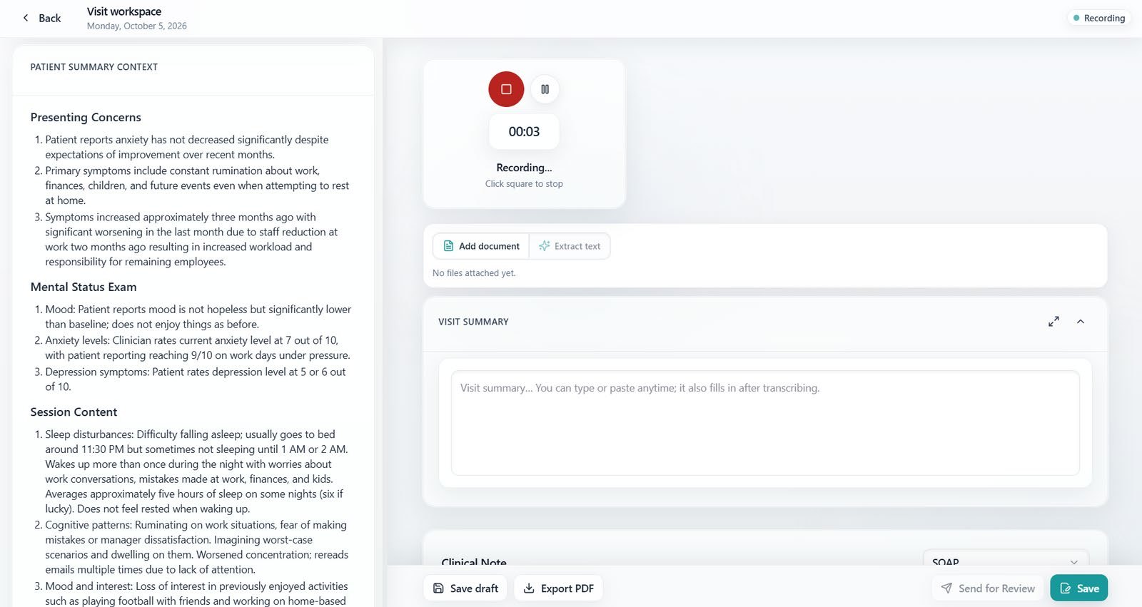 MedScribe visit workspace while recording
