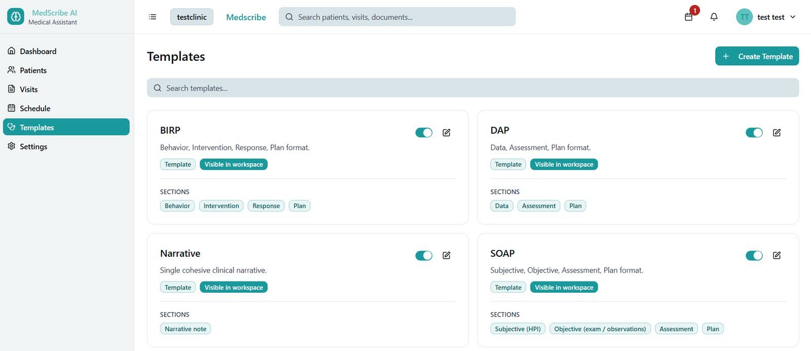 MedScribe templates page